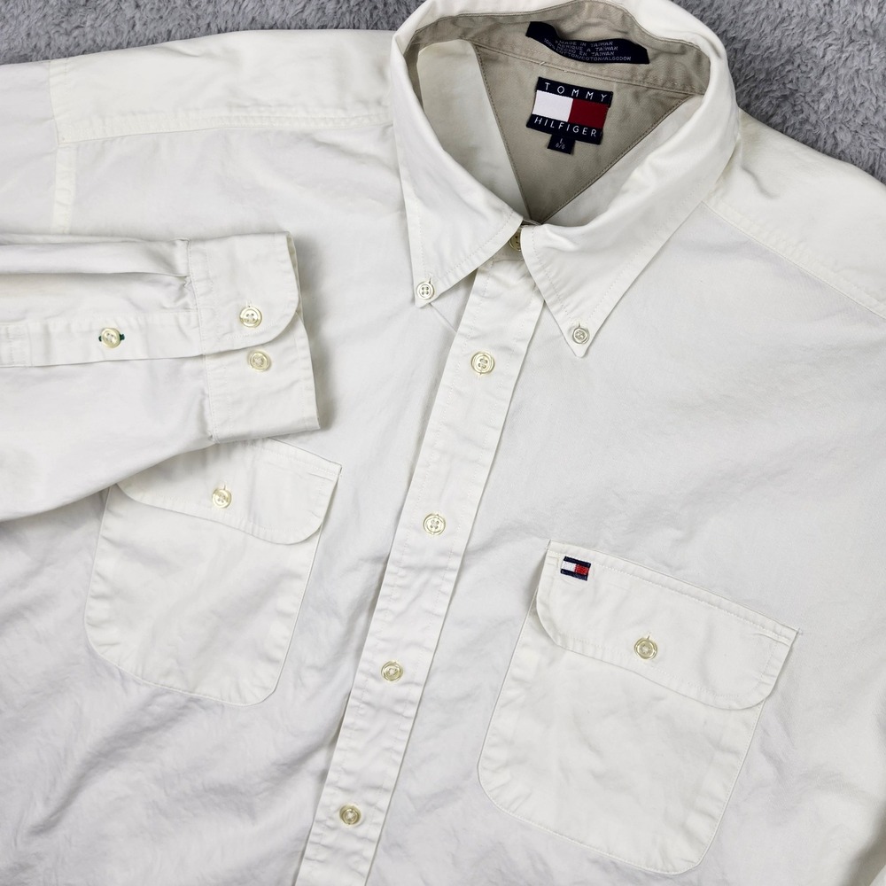Tommy Hilfiger Shirt Mens Large Cream Button Down Long Sleeve Twill Cotton 90s